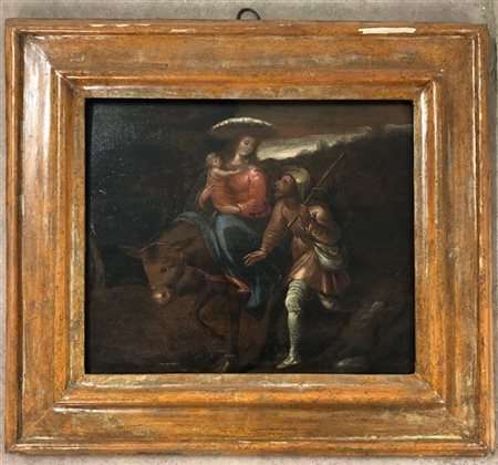 Ignoto del secolo XVII "

Fuga in Egitto" 
Olio su tavola (cm 26x31) 
In cornic