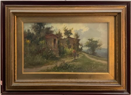 Ignoto "Paesaggio con figure", olio su compensato (cm 26x41,5) Firmato "C. Ghed