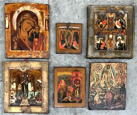Arte russa, sei icone di soggetti e misure diverse. Tempere su tavola (misura m