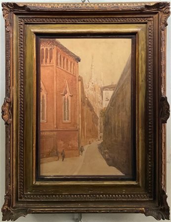 Enrico Edoardo Intraina "Scorcio del Duomo di Milano da via Palazzo Reale" 
acqu