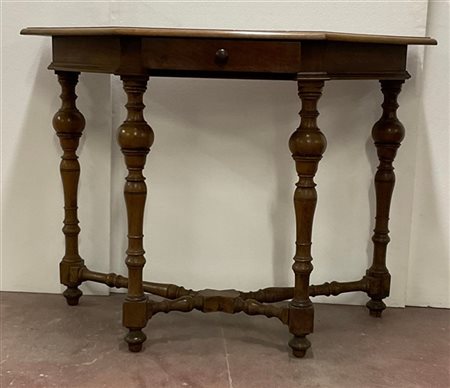 Tavolo da parete in noce con piano esagonale, cassetto sottopiano gambe e trave