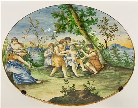 Grande piatto da parete in ceramica dipinta in policromia raffigurante scena ba