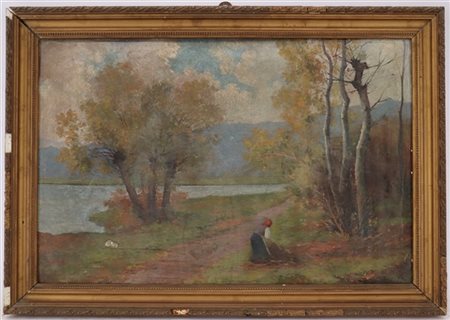 Ignoto lombardo di inizio XX secolo

"Scorcio fluviale con contadina" 
olio su