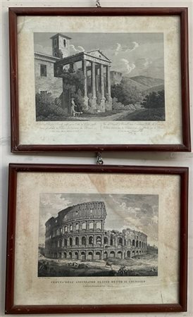 Lotto composto da otto diverse incisioni a bulino su carta edite da Agapito Franzetti a Roma raffiguranti vedute romane. Inizio secolo XIX (difetti e macchie) In cornici
