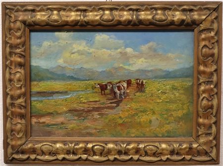 Ignoto del XIX Secolo, "Pascolo montano" olio su compensato (cm 16,5x25) Al ret