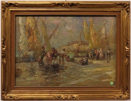 Federico Morello "Il rientro dalla pesca" olio su tela (cm 50x70) Firmato in bas