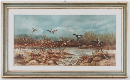 Firma indecifrata "Morette grigie in volo" 1975, olio su tela (cm 50x100) firma