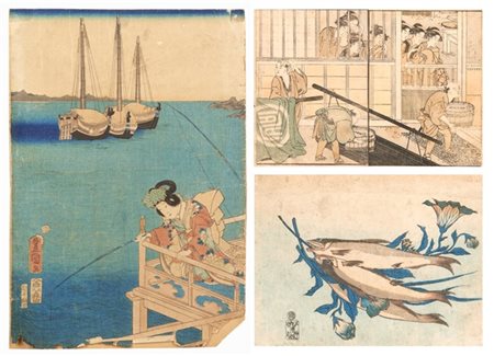 Lotto composto da una natura morta raffigurante pesci attribuita a Hiroshige, u