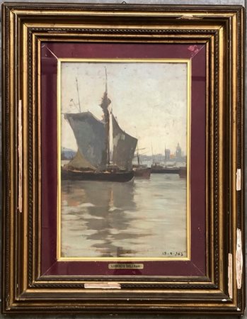 Delleani Lorenzo (attr) "Marina con barche" olio su tavola (cm 46x29.5) datato 1