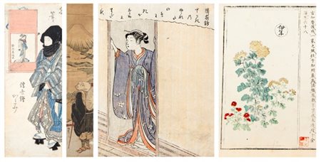 Lotto composto da una stampa a colonna di Koryusai e due pagine da due diversi