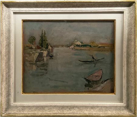 Mario Vellani Marchi "Traghetto a Mazzorbo" 1941, olio su cartone (cm 24x30) Sig