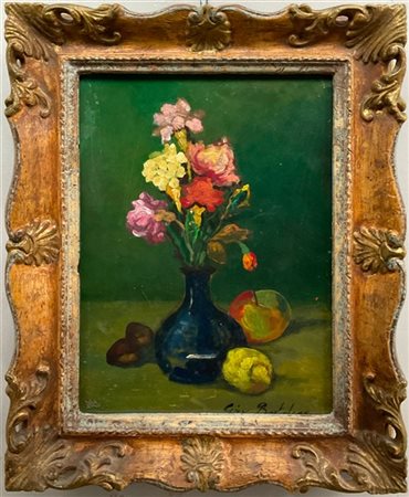 Ignoto, "Vaso di fiori e frutta" olio su cartone telato (cm 39x29) Reca iscrizi