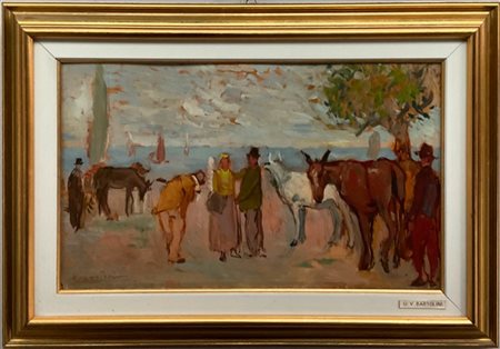 Ugo Vittore Bartolini "Scena di genere con figure e animali" olio su tavola (cm