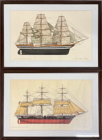 Lotto di tre litografie raffiguranti dei velieri (misure diverse) in cornice