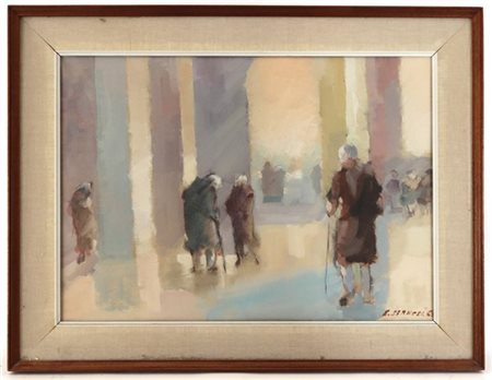 Enzo Sernesi "Giorno di visita alla casa di cura" tecnica mista su tela (cm 50x7