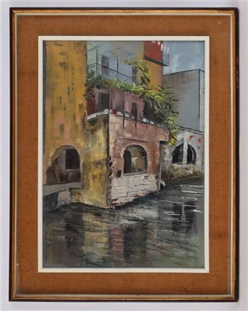 Onorato Caldera - Cabiate (CO) 1921 "Case sul lungolago" olio su tela (cm 70x50) firmato in basso a destra In cornice (lievi difetti)