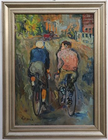 Corrado Corazza "Ciclisti" Olio su tela (cm 70x50). Firmato in basso a sinistra