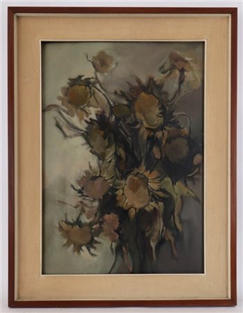 Sergio Tagliabue "Vaso con girasoli" olio su masonite (cm 70x50) firmato in bass