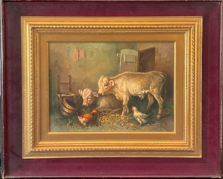 Ignoto del XIX secolo, "Nella stalla" olio su tela (cm 30x40) Reca firma in bas