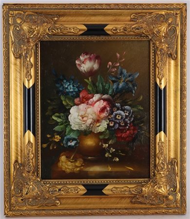 Ignoto del XX secolo "Composizioni con fiori" coppia di olii su masonite (cm 25x20) In cornice