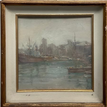 Giulio Cisari "Savona, Porto" 
olio su tela applicata a cartone (cm 24x30)
Firma
