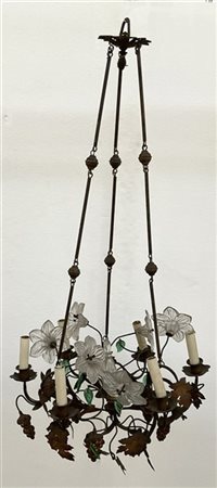 Lampadario a sei luci in ferro forgiato e vetro decorato a foglie e fiori (dife