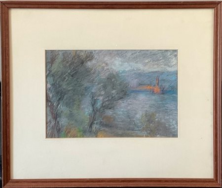 Ezio Pastorio "Lago d'Iseo" pastelli colorati su carta (cm 24,5x25,5) Firmato in