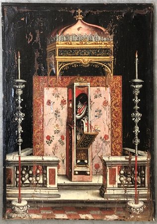 Scuola veneto-cretese secolo XVII "L'altare votivo", olio su tela applicata su