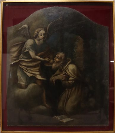 Ignoto, antico dipinto a olio su tela sagomata raffigurante la comunione di un