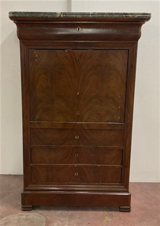 Secrétaire impiallacciato in piuma di mogano con calatoia e quattro cassetti, p