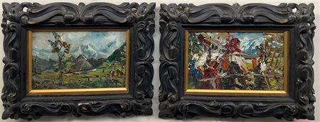 Ignoto del XX secolo, lotto di due dipinti ad olio su compensato raffiguranti "