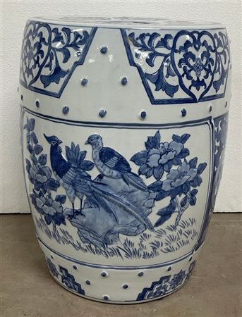 Garden seat in porcellana dipinta nei toni del blu con decoro floreale e volati