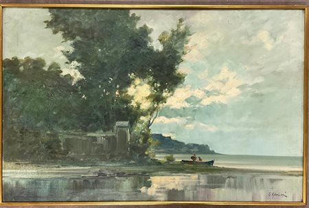 Ignoto di fine XIX secolo, "Scorcio lacustre con pescatori", olio su tela (cm 7
