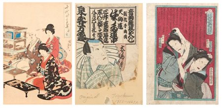 Lotto composto da un foglio di un trittico di Chikanobu e due pagine di due div
