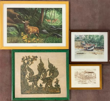 Lotto composto da cinque riproduzioni ed un pannello tailandese, misure diverse