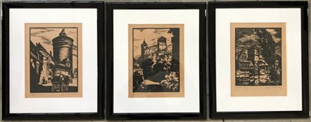 Firma indecifrata, lotto composto da tre xilografie raffiguranti paesaggi nordi