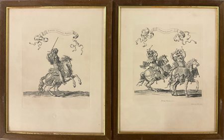 Gruppo di quattro calcografie monocrome raffiguranti cavalieri in corazza (cm 4