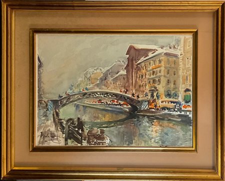 Alfredo Zecca "Vecchia Milano Ripa Ticinese", acquerello su carta (cm 35x50). Fi
