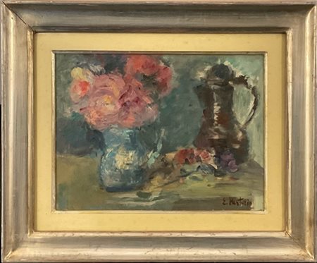 Ezio Pastorio "Composizione con fiori" olio su tela (cm 30x40) Firmato in basso