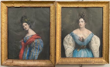 Coppia di oleografie del secolo XIX raffiguranti fanciulle. Cornici rivestite i