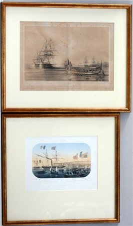 Lotto composto da due stampe a colori del sec XIX raffiguranti scene marittime