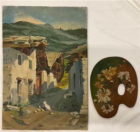 Lotto composto da un dipinto ad olio su cartone telato raffigurante "Scorcio di