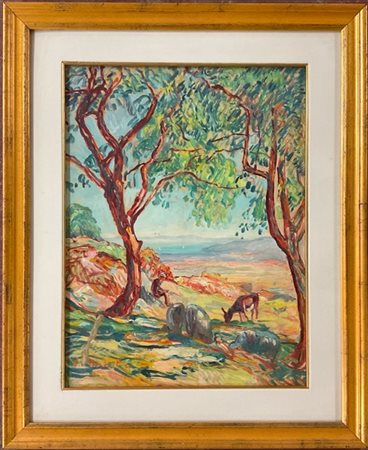 Emmanuel Charles Benezit "paesaggio con pastore e animali", olio su tela, firmat