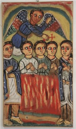 Dipinto etnico copto su garza di cotone, (cm 88x50)
In cornice (gravi difetti)