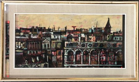 Ignoto "Veduta di città" tecnica mista su cartone (cm 34x68) (difetti e rotture