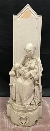 Manifattura secolo XIX, Madre con bambino su trono, scultura in maiolica smalta