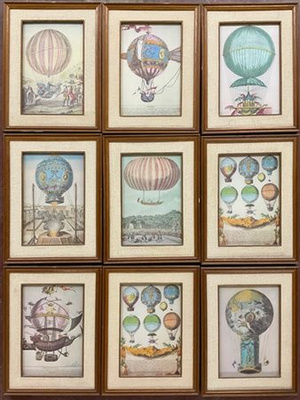 Serie di nove riproduzioni a colori raffiguranti mongolfiere (cm 29x19) in corn