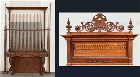 Set da biliardo composto da un mobile porta stecche in mogano di forma sagomata