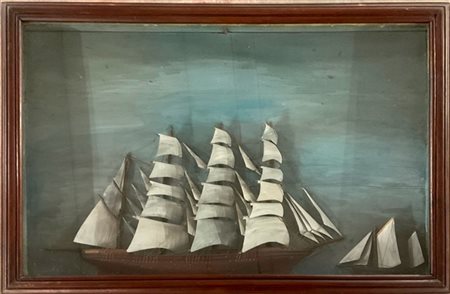 Diorama con velieri in teca (cm 47x68) (difetti)