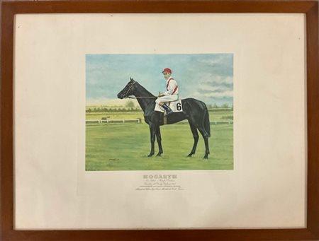 Gruppo di sei fotocalcografie a colori raffiguranti cavalli da corsa con fantin